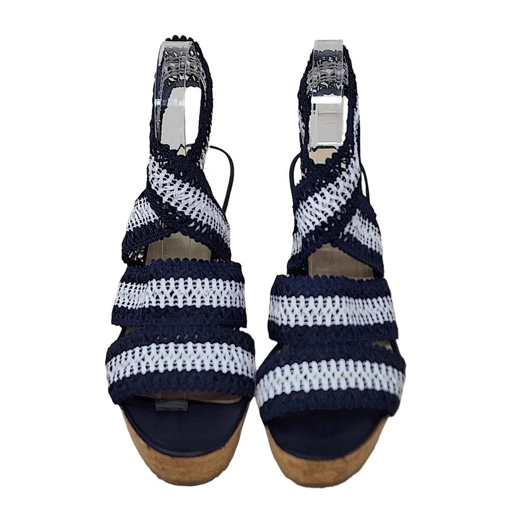 LK‎ Bennett Cork Wedge Sandals 38 7 Womens Navy Blue White Striped Crochet Spain